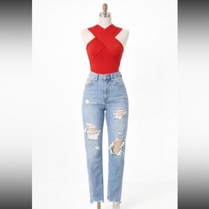 ❤️ Gianni Bini Red Crossover Bodysuit Top